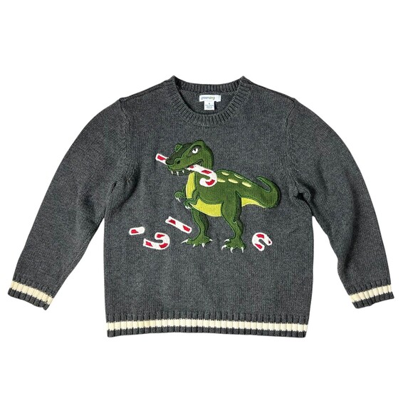 Dinosaur Eating Candy Canes Kids Christmas Holiday Sweater  Size 5  Gray Preppy - Picture 1 of 8